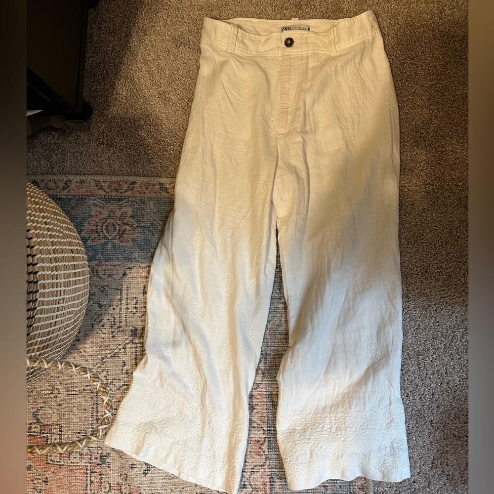ZARA white linen embossed pants